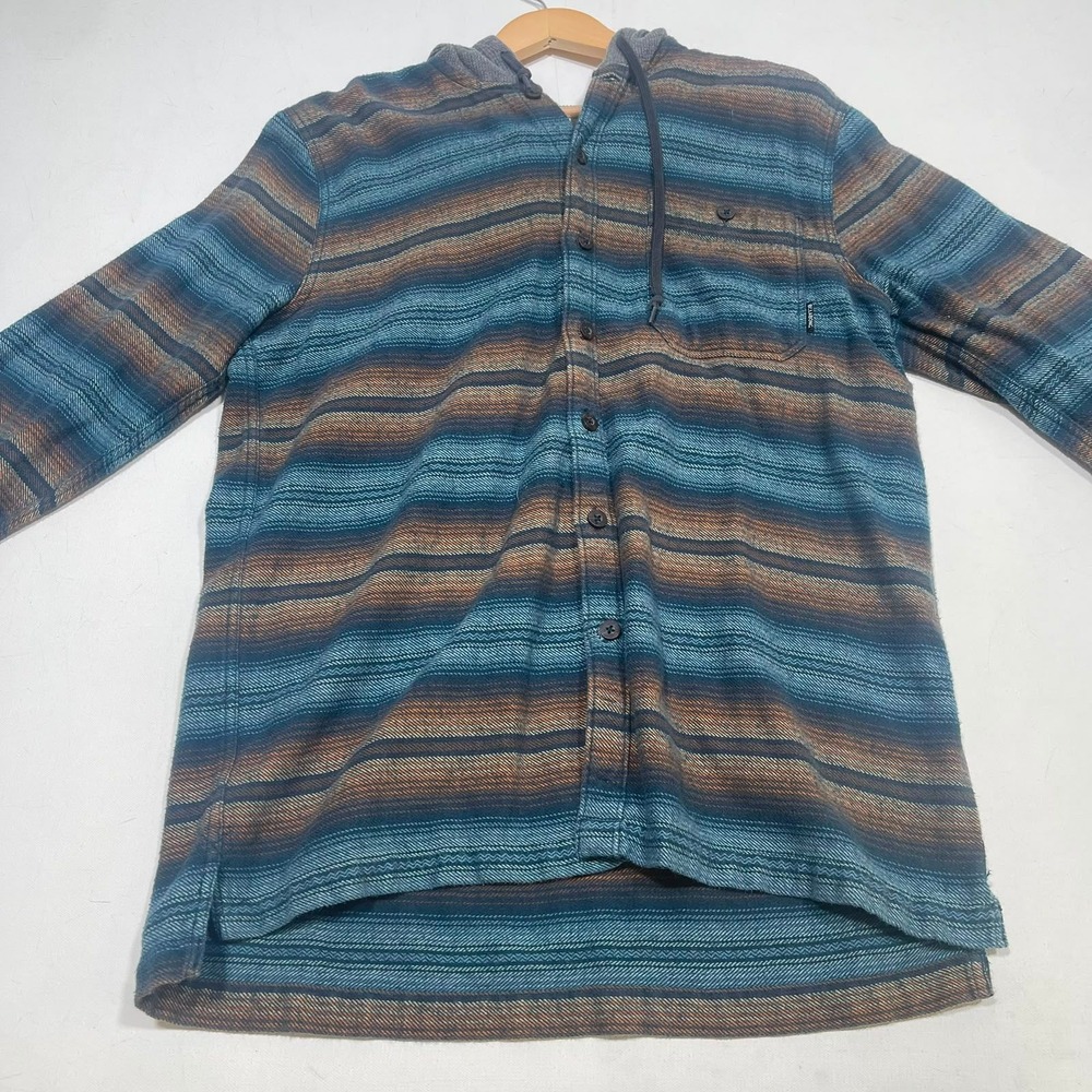 Billabong Hooded Flannel Shirt Mens L Blue Brown Stripe Core Fit Stretch Surf